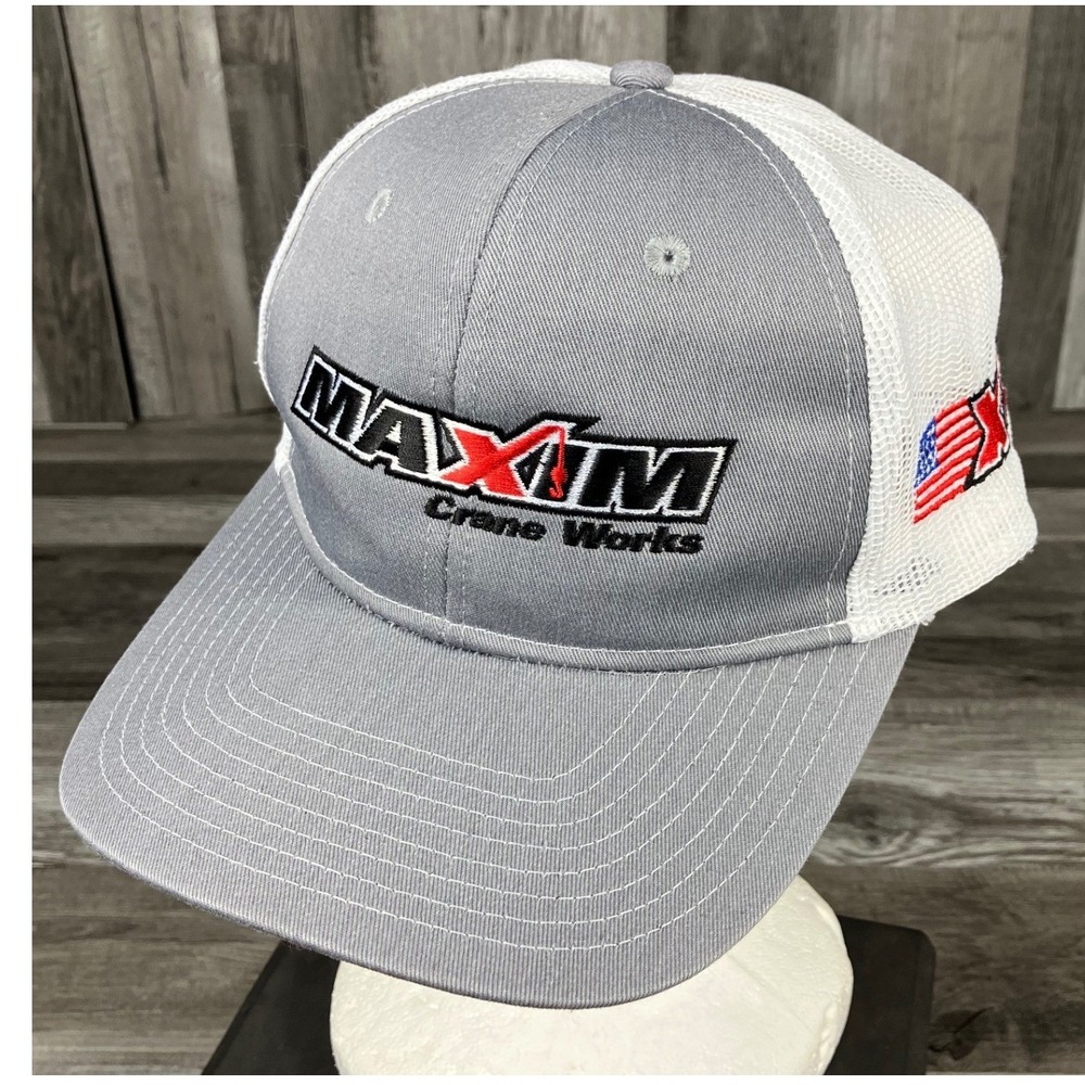 Port Authority Maxim Crane Works Grey White Mesh Snapback Trucker Hat Flag